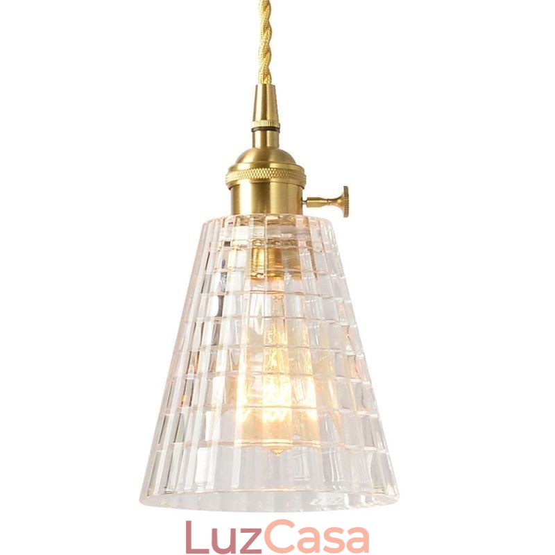 Luminária pendente quadrada de vidro transparente com nervuras, luminária de latão com interruptor giratório
