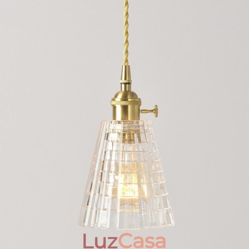 Luminária pendente quadrada de vidro transparente com nervuras, luminária de latão com interruptor giratório