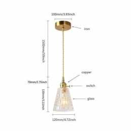 Luminária pendente quadrada de vidro transparente com nervuras, luminária de latão com interruptor giratório