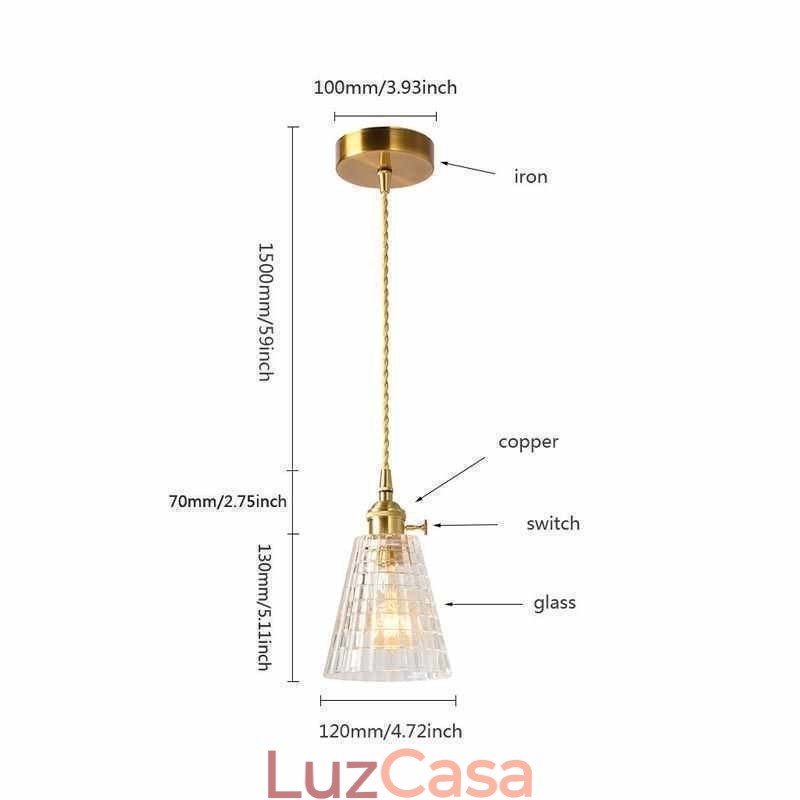 Luminária pendente quadrada de vidro transparente com nervuras, luminária de latão com interruptor giratório