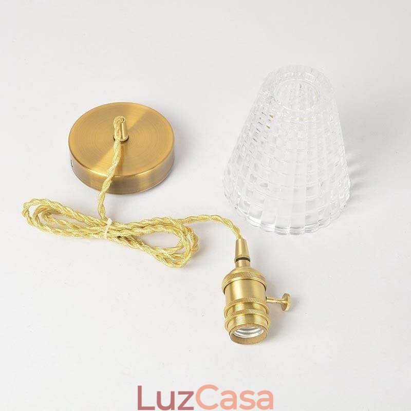 Luminária pendente quadrada de vidro transparente com nervuras, luminária de latão com interruptor giratório
