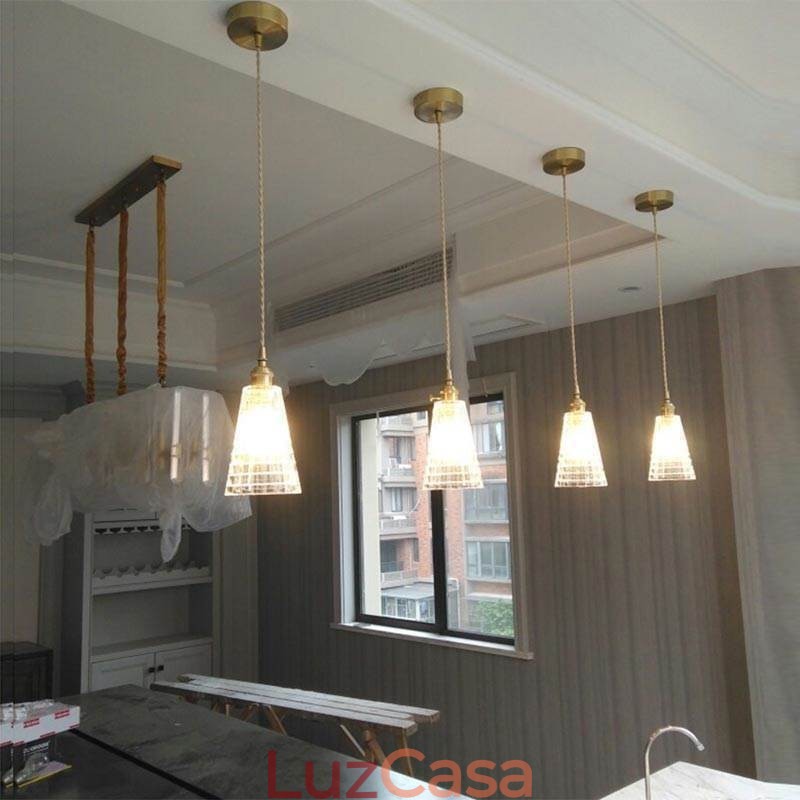 Luminária pendente quadrada de vidro transparente com nervuras, luminária de latão com interruptor giratório