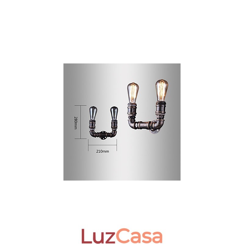 Luminária de parede vintage de metal com tubo de água e lâmpada Edison