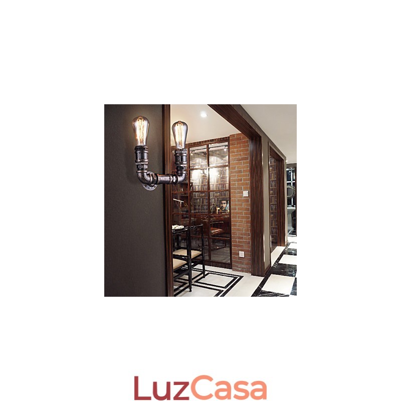 Luminária de parede vintage de metal com tubo de água e lâmpada Edison