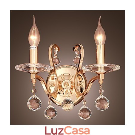 Luminária de parede de cristal dourado com 2 luzes