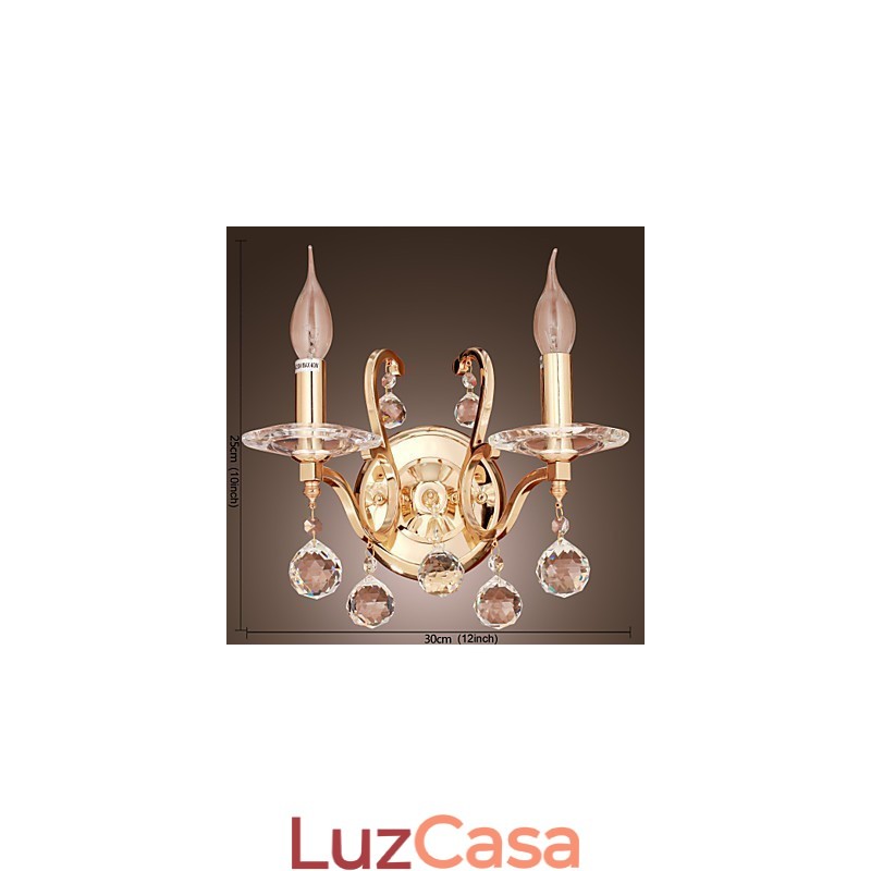 Luminária de parede de cristal dourado com 2 luzes