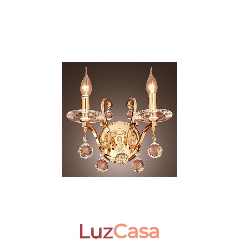 Luminária de parede de cristal dourado com 2 luzes