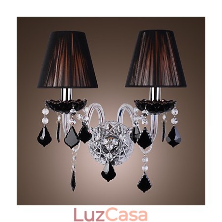Luminária de parede de cristal com 2 luzes em cúpula de tecido Luminária de parede de cristal com 2 luzes em cúpula de tecido