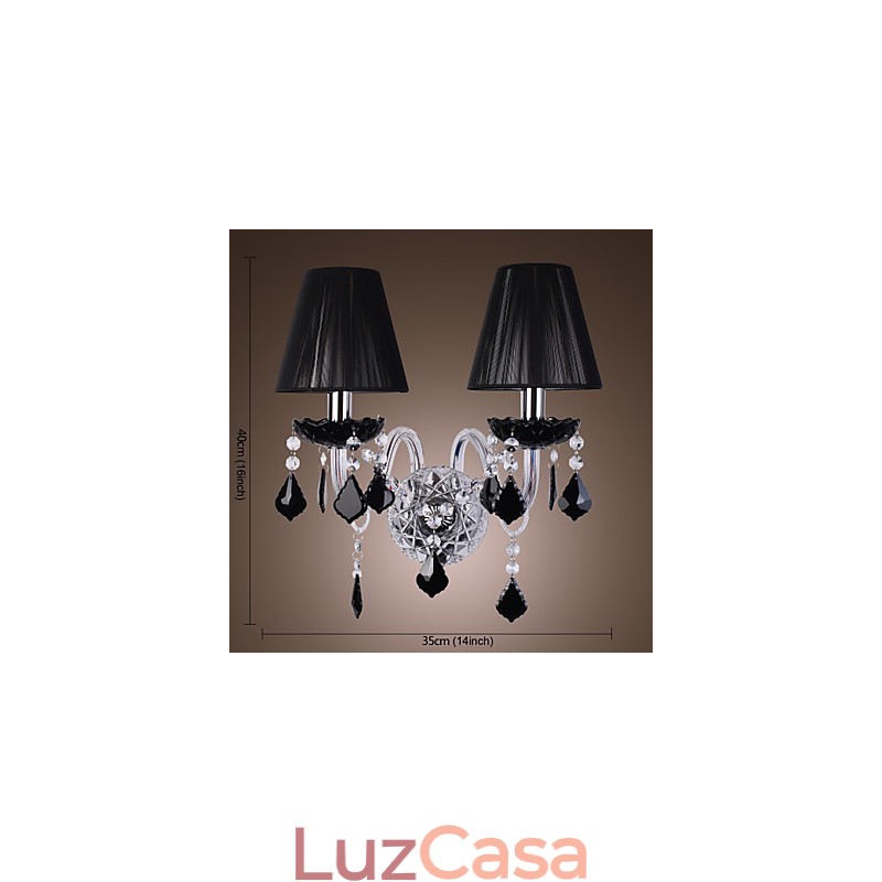 Luminária de parede de cristal com 2 luzes em cúpula de tecido