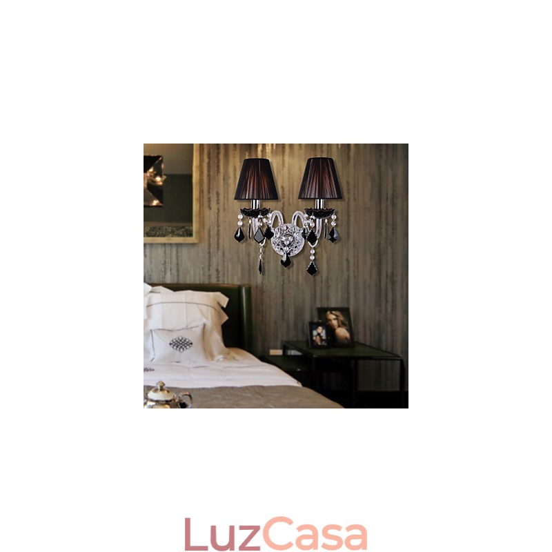 Luminária de parede de cristal com 2 luzes em cúpula de tecido