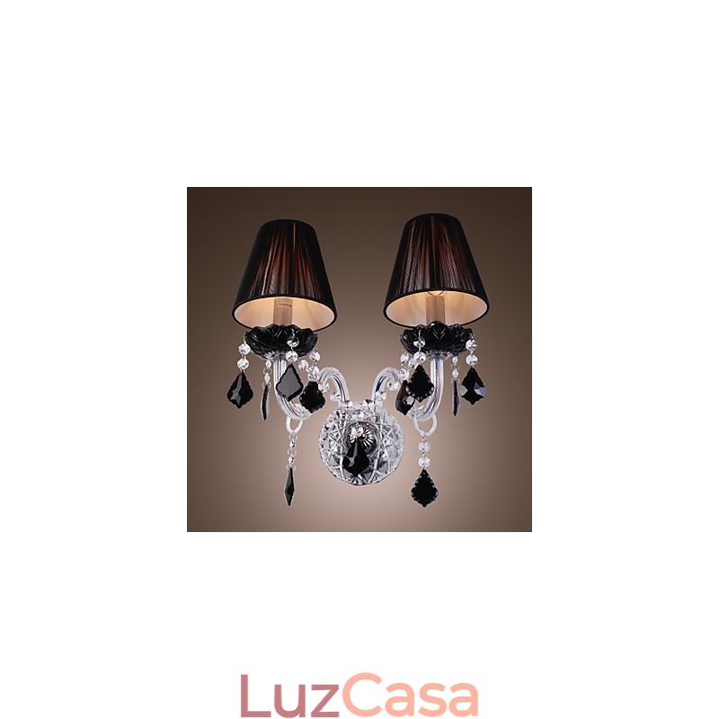 Luminária de parede de cristal com 2 luzes em cúpula de tecido