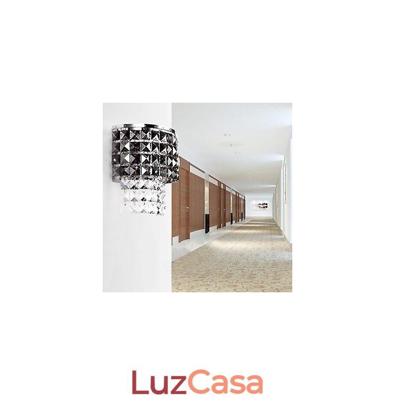 Luminária de parede moderna com abajur de tecido, placa de metal, cristal, estilo de decoração