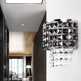 Luminária de parede moderna com abajur de tecido, placa de metal, cristal, estilo de decoração