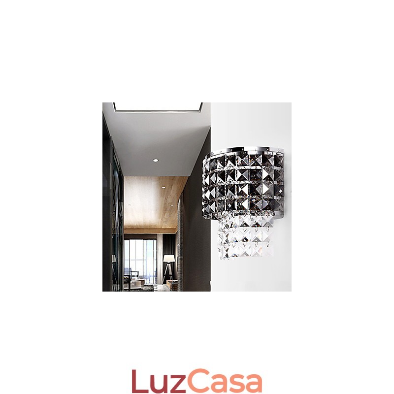 Luminária de parede moderna com abajur de tecido, placa de metal, cristal, estilo de decoração