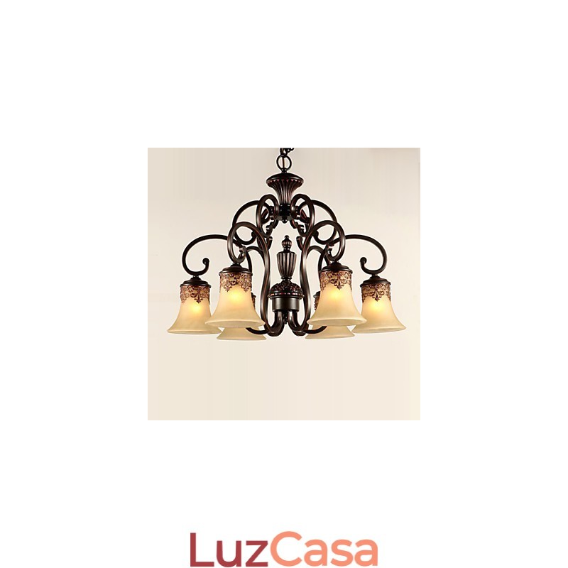 Lustre Pendente Luz 6 Luzes Abajur Para Baixo Vintage Country Metal+Vidro