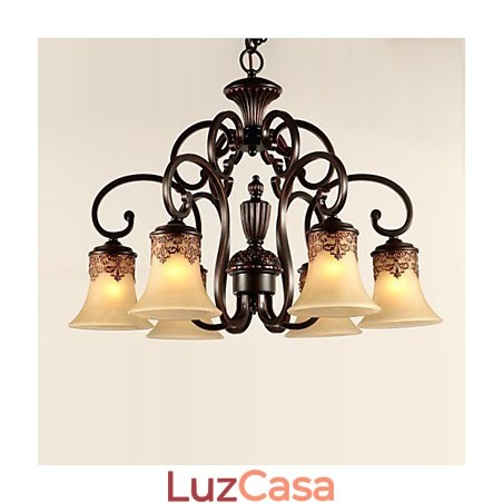 Lustre Pendente Luz 6 Luzes Abajur Para Baixo Vintage Country Metal+Vidro Lustre Pendente Luz 6 Luzes Abajur Para Baixo Vintage Country Metal+Vidro