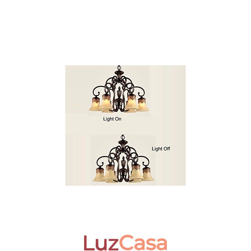 Lustre Pendente Luz 6 Luzes Abajur Para Baixo Vintage Country Metal+Vidro