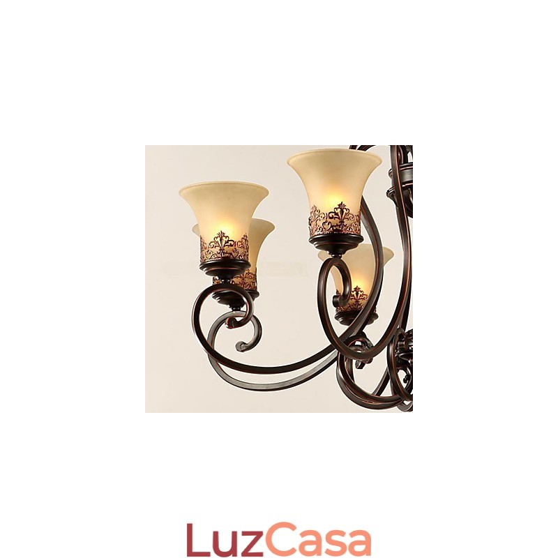 Lustre Pendente Luz 6 Luzes Abajur Para Baixo Vintage Country Metal+Vidro