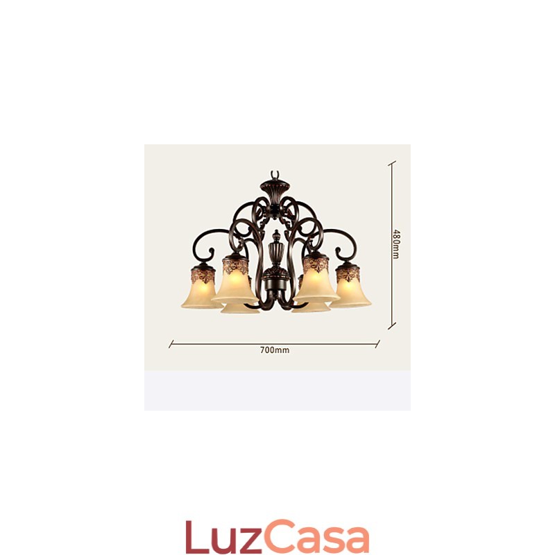 Lustre Pendente Luz 6 Luzes Abajur Para Baixo Vintage Country Metal+Vidro