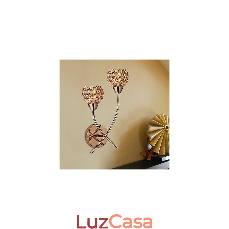 Luminária de parede dourada de cristal com 2 luzes