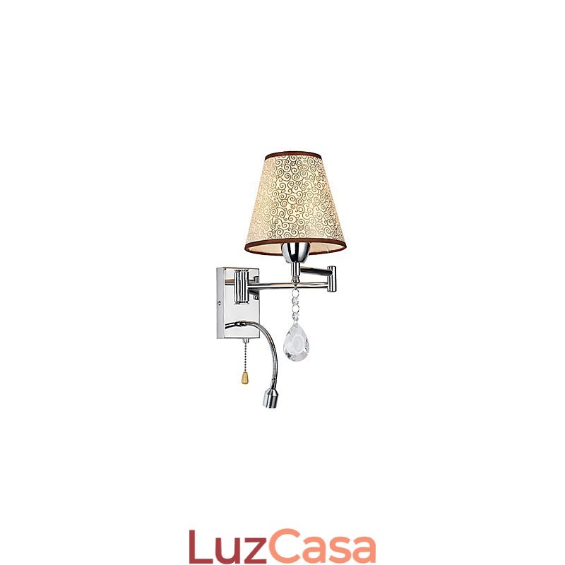 Luminária de parede para quarto, luminária de leitura, luminária de tecido, moderna, contemporânea, estilo country, cromada, com recurso para braço oscilante de cristal