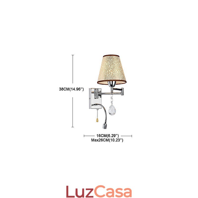 Luminária de parede para quarto, luminária de leitura, luminária de tecido, moderna, contemporânea, estilo country, cromada, com recurso para braço oscilante de cristal