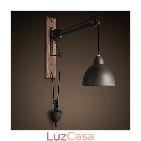 Luminária de parede estilo country americano retrô criativa Luminária de parede com polia de madeira Luminária de parede estilo country americano retrô criativa Luminária de parede com polia de madeira