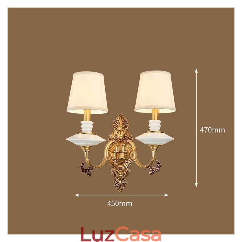 100% latão puro luxuoso rústico retrô vintage latão cerâmica 2 velas luz de parede com abajures de tecido especial para hotel escritório showroom sala de estar sala de jantar