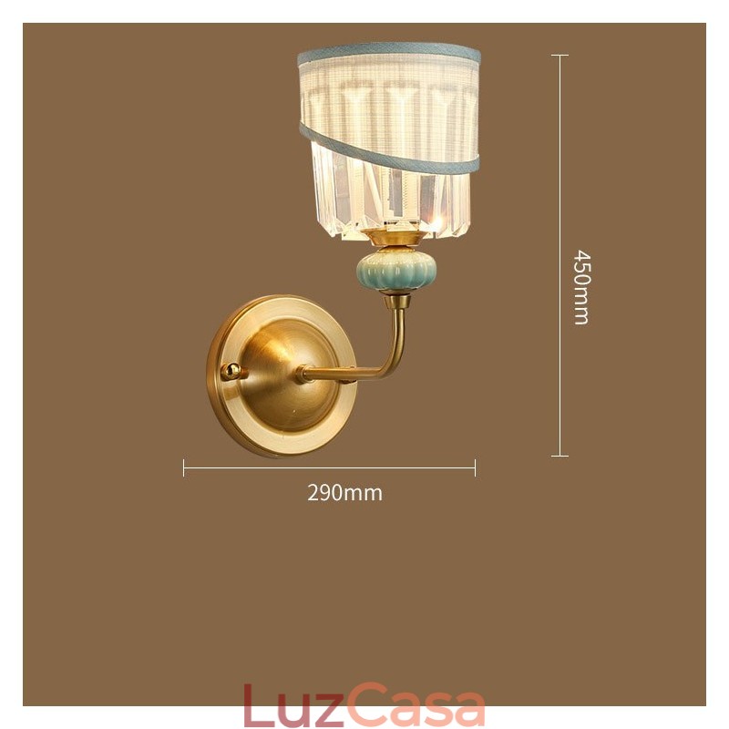 Pure Brass Luxuoso Rústico Retro Vintage Latão Cerâmica 1 Luz Vela Parede Luz com Tecido e Cristal Sombra Especial para Hotel Escritório Showroom Sala de Estar Sala de Jantar