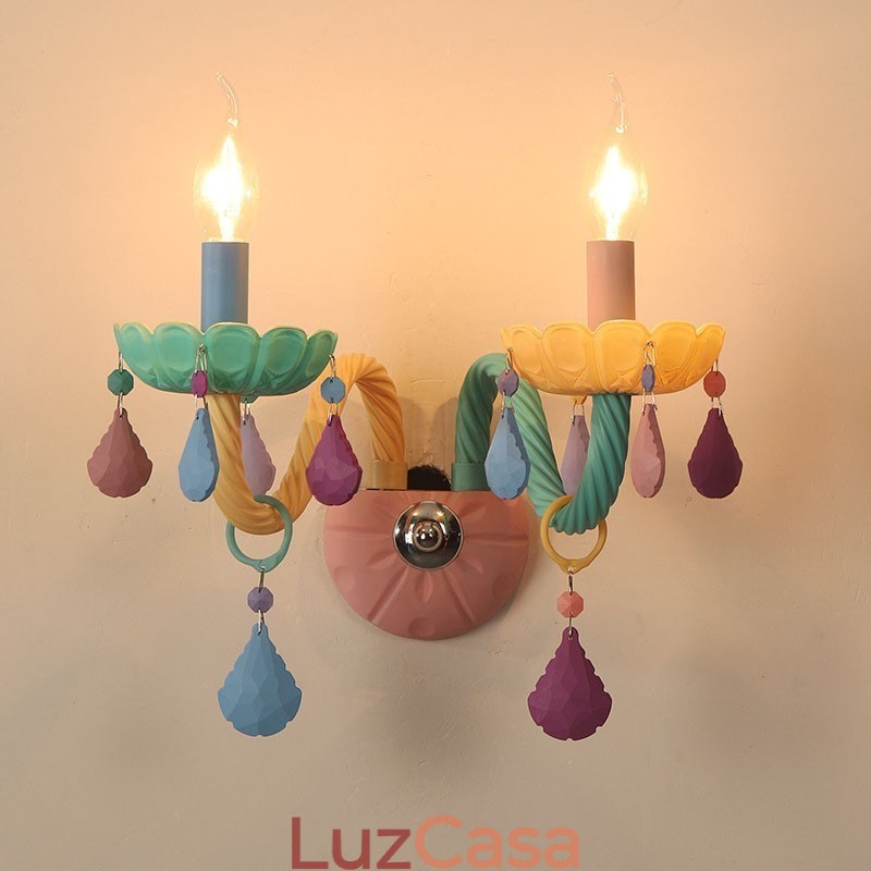 Macaron 2 Luzes Multi Cristal Vela Retro Vidro Luz de Parede para Quarto de Criança Quarto de Criança