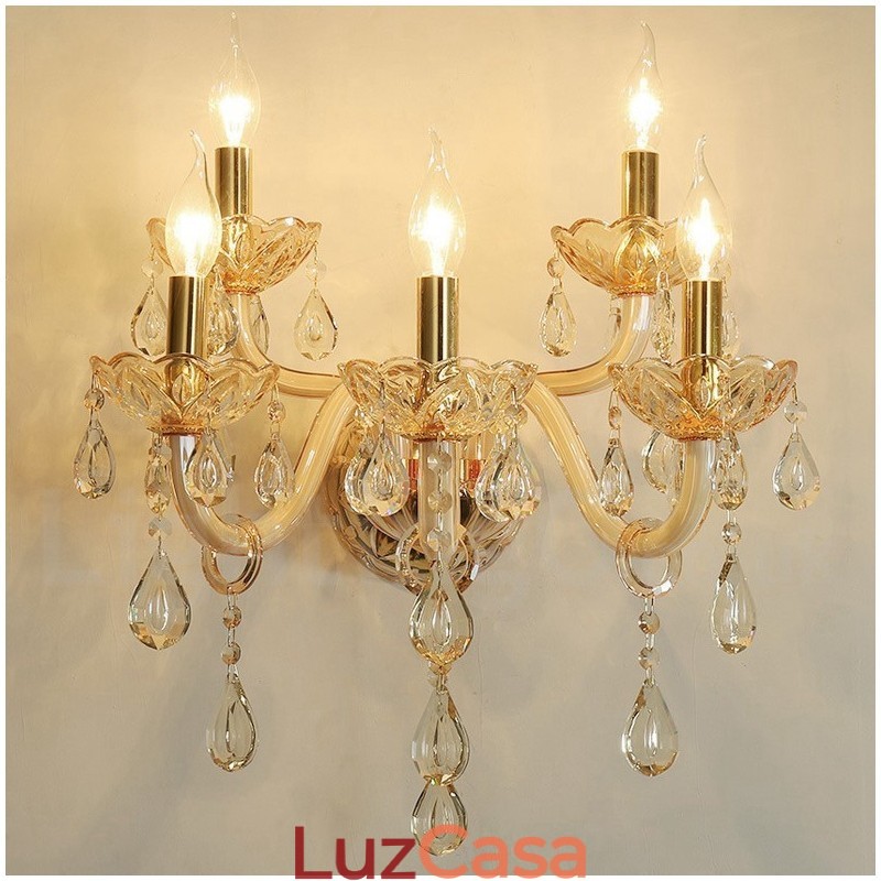 5 Luzes Ouro K9 Cristal Vela Retro Vidro Parede Luz