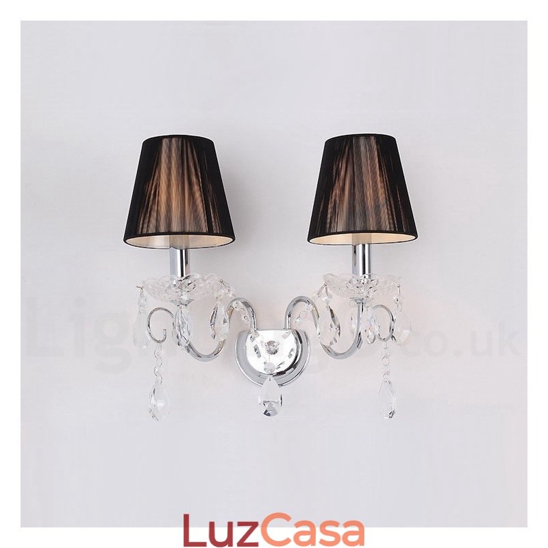 2 Luzes Cromadas Prata K9 Cristal Vela Retro Vidro Parede Luz com Tecido Preto Abajures