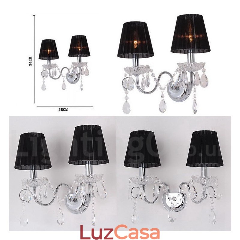 2 Luzes Cromadas Prata K9 Cristal Vela Retro Vidro Parede Luz com Tecido Preto Abajures
