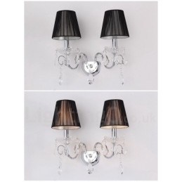 2 Luzes Cromadas Prata K9 Cristal Vela Retro Vidro Parede Luz com Tecido Preto Abajures