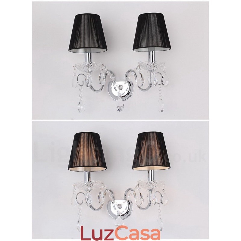 2 Luzes Cromadas Prata K9 Cristal Vela Retro Vidro Parede Luz com Tecido Preto Abajures