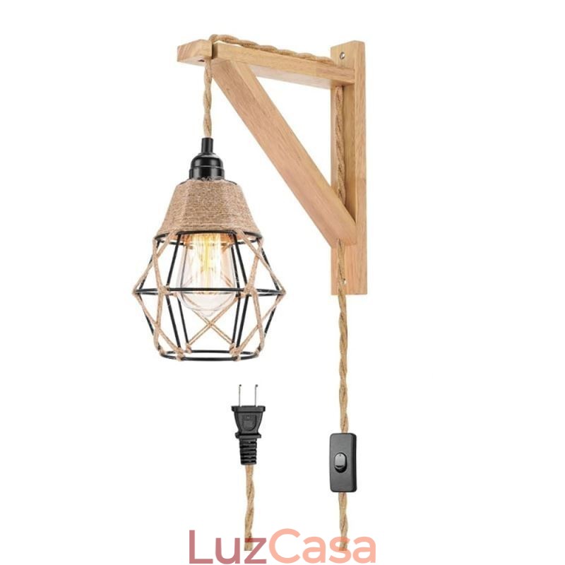 Luminária de parede de ferro com corda de cânhamo, luminária de parede retrô pastoral americana com plugue