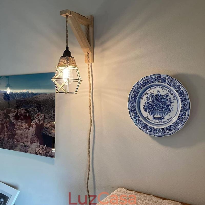 Luminária de parede de ferro com corda de cânhamo, luminária de parede retrô pastoral americana com plugue