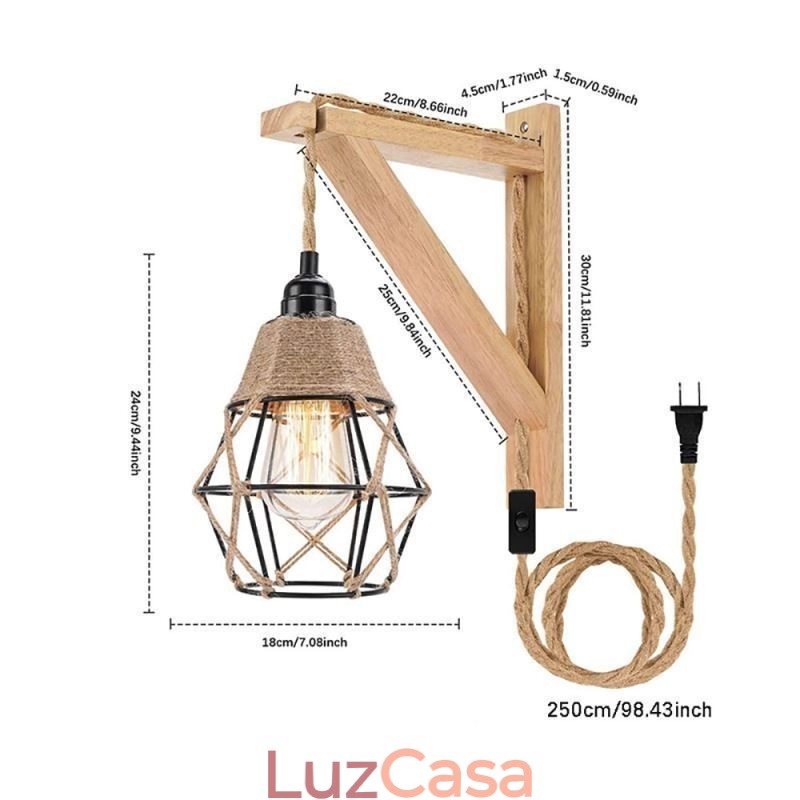Luminária de parede de ferro com corda de cânhamo, luminária de parede retrô pastoral americana com plugue