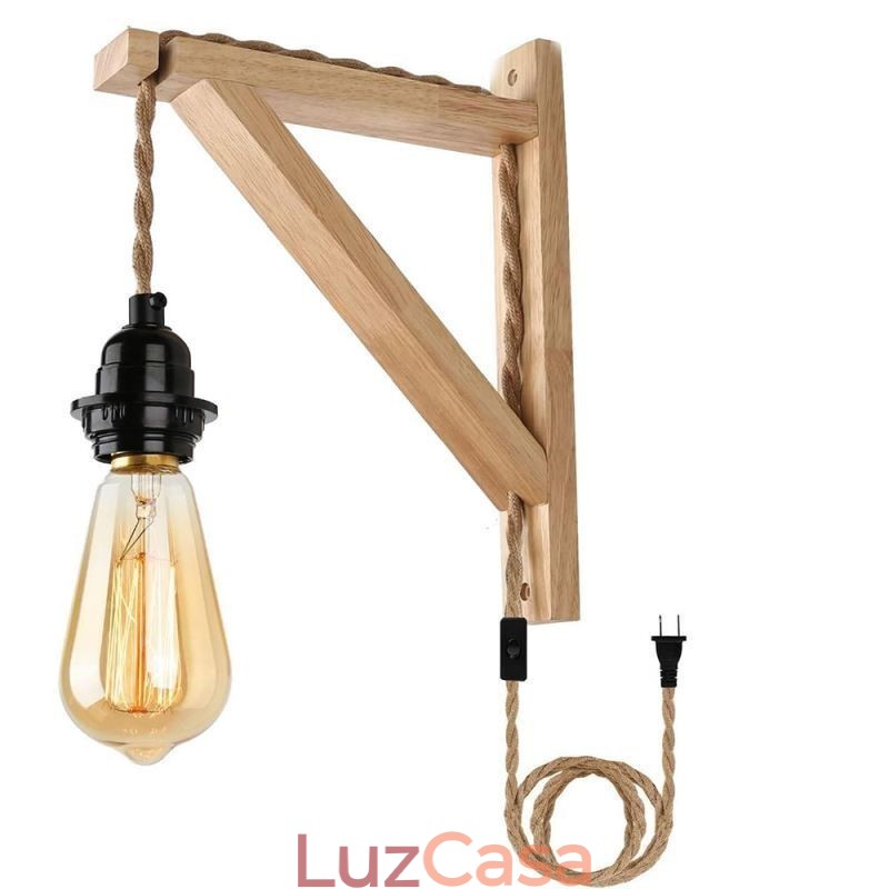 Aplique de parede de madeira maciça American Pastoral Retro Hemp String Wall Light com plugue
