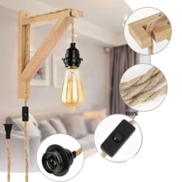 Aplique de parede de madeira maciça American Pastoral Retro Hemp String Wall Light com plugue