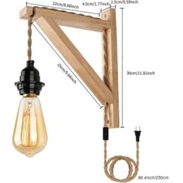 Aplique de parede de madeira maciça American Pastoral Retro Hemp String Wall Light com plugue