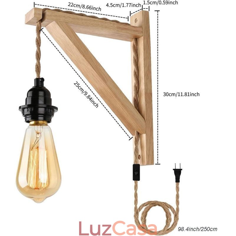 Aplique de parede de madeira maciça American Pastoral Retro Hemp String Wall Light com plugue