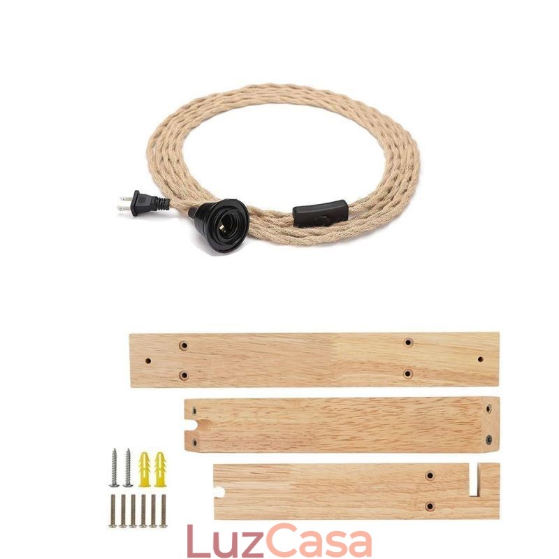 Aplique de parede de madeira maciça American Pastoral Retro Hemp String Wall Light com plugue