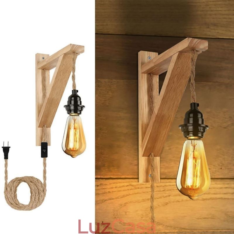 Aplique de parede de madeira maciça American Pastoral Retro Hemp String Wall Light com plugue