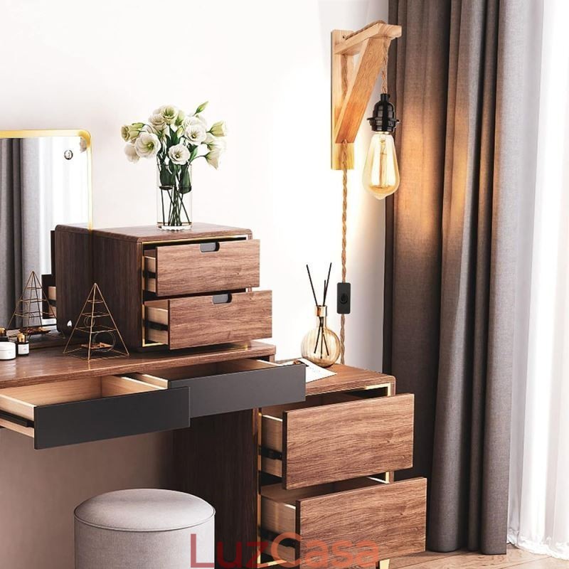 Aplique de parede de madeira maciça American Pastoral Retro Hemp String Wall Light com plugue