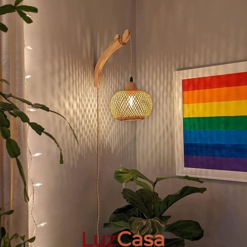 Luminária de parede de bambu American Pastoral Retro Hemp String Wall Light com plugue