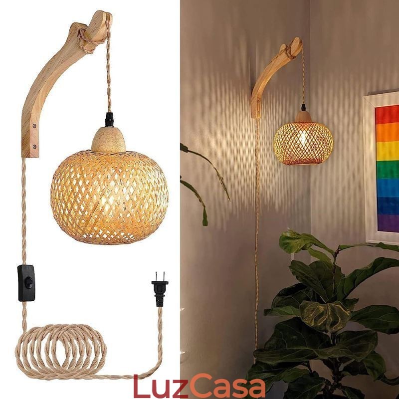 Luminária de parede de bambu American Pastoral Retro Hemp String Wall Light com plugue
