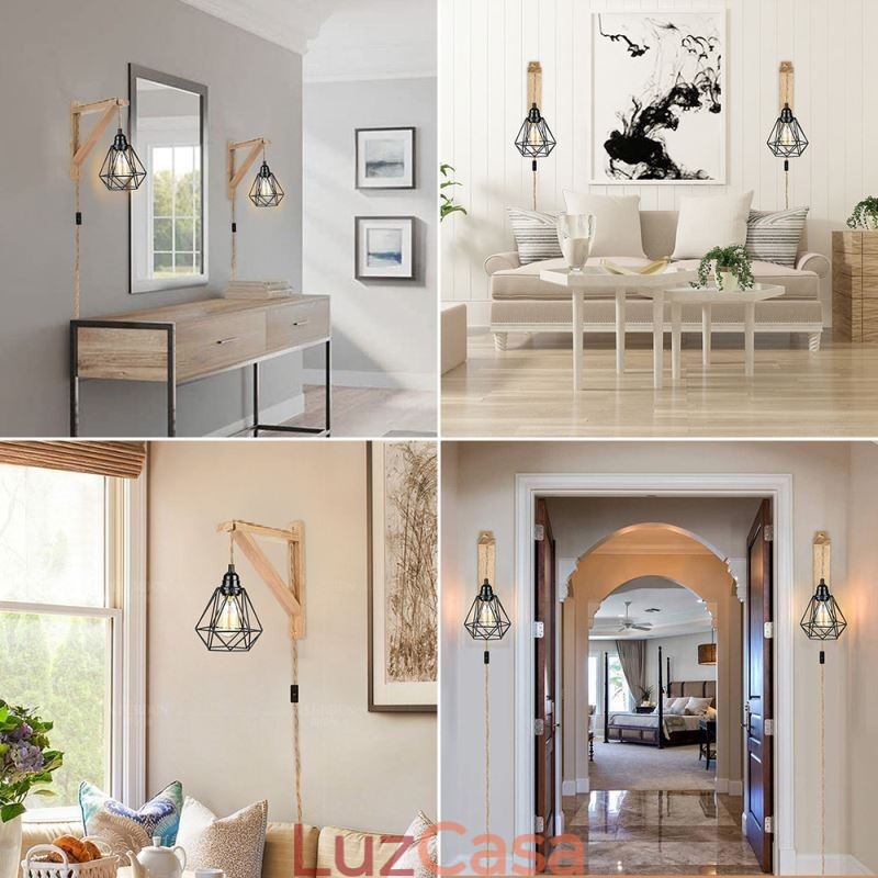 American Retro Wall Sconce 2.5M Corda de Cânhamo Fio Pendurado Abajur de Ferro Preto Pintado