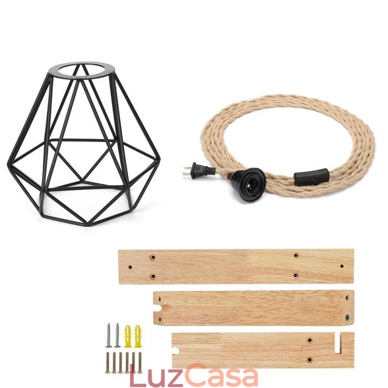 American Retro Wall Sconce 2.5M Corda de Cânhamo Fio Pendurado Abajur de Ferro Preto Pintado