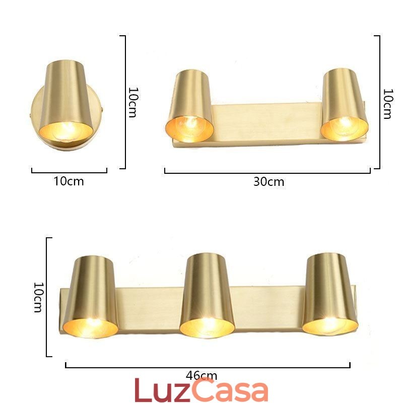 Luminária de parede com foco de luz frontal de espelho de latão nórdico